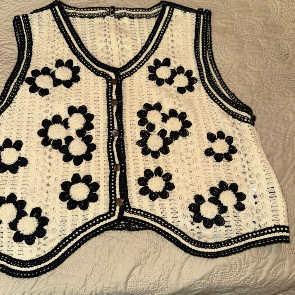 Black and White Crochet Floral Vest